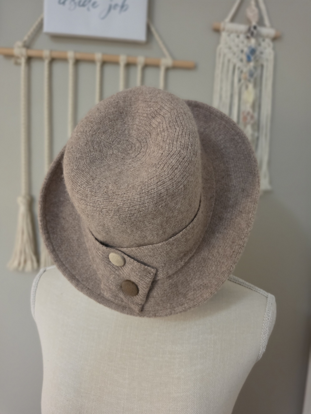 ADORA Taupe Knit Fedora with Button Accent